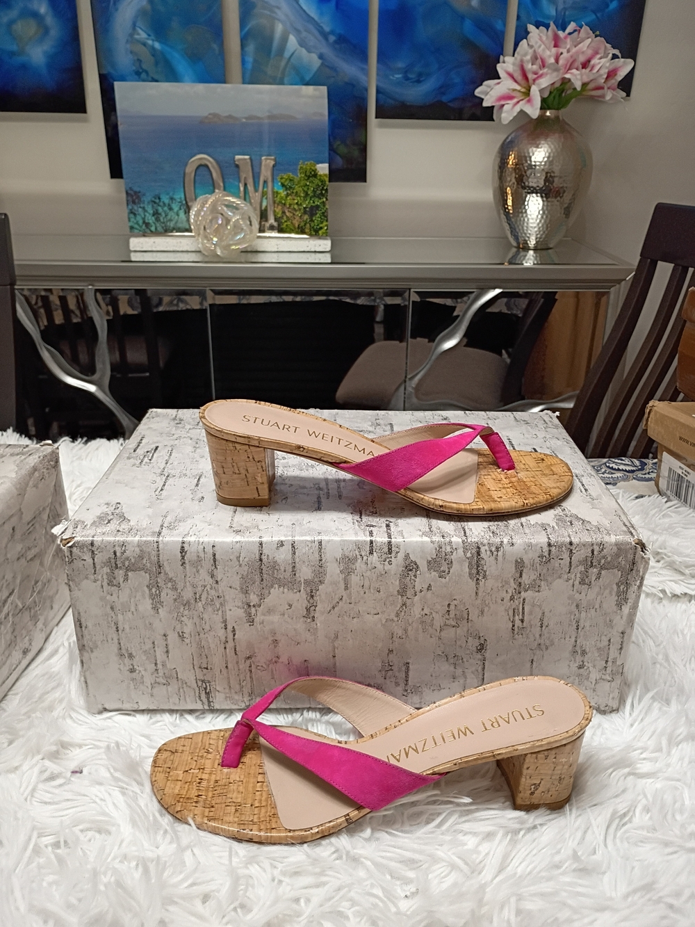 Stuart Weitzman Brigida Fuchsia Cork Block Heel Thong Mules Sandals 7.5 - Picture 2 of 15